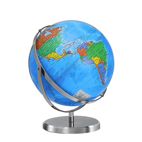 BSHAPPLUS 13" World Globe with Stand, 720° Omnidirectional Rotation, Stainless Steel Stand, Geographic/Decorative Tabletop Decor World Map with Clear Text for Home, School, Office