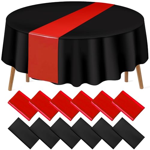 12Pack 12x108 Inch Satin Table Runner and 84 Inch Round Plastic Tablecloths Set Black and Red Disposable Round Table Cover for Graduation Wedding Bridal Shower Anniversary Birthday Party Decorations