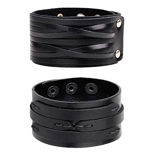 NIGHTCRUZ Punk Leather Cuff Bracelet, 2PCS Vintage Leather Wristband for Men Women
