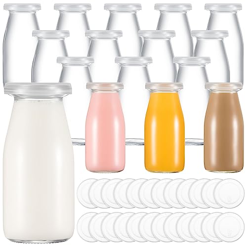 Zubebe 12 Pack 3.38 oz Small Glass Milk Bottles Clear Mini Bottles with Lids Glass Juice Jar Reusable Small Milk Jar Vintage Breakfast Shake Container for Drinking Water Juice Honey