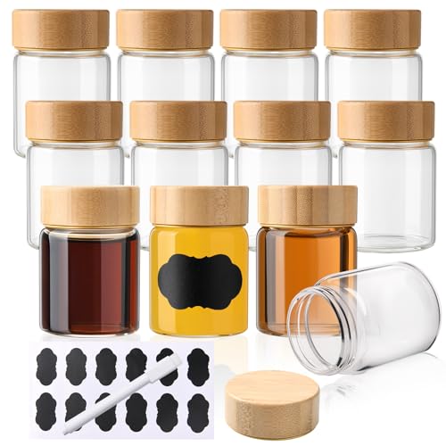 BPFY 12 Pack 2oz Glass Shot Bottles with Caps, 60ml Borosilicate Glass Juice Shot Bottles, Dishwasher & Freezer Safe, Reusable Wellness Ginger Shot Glass with Lids for juicing ginger shots