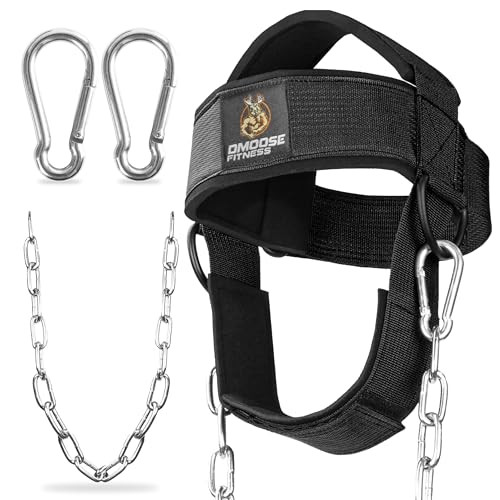DMoose Fitness Neck Harness for Weight Lifting - 30" Heavy Duty Steel Chain - Neck Exerciser, Trainer & Strengthener for Injury Recovery Support & Workout- Adjustable Head & Chin Strap (Black Legacy)