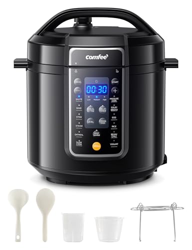 COMFEE’ 9-in-1 Electric Pressure Cooker 13 Presets Instant Multi Cooker Olla de Presion Slow Cooker Rice Cooker Steamer Sauté Yogurt Maker Non-Stick Pot 6 Quart Black, Aluminum