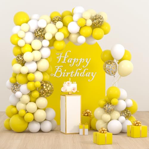 Yellow White Balloon Garland Arch Kit, 122PCS Macaron Yellow White and Gold Confetti Balloons for Girl Birthday Wedding Sunflower Baby Shower Honey Bee You Are My Sunshine Sunflower Daisy Decorations