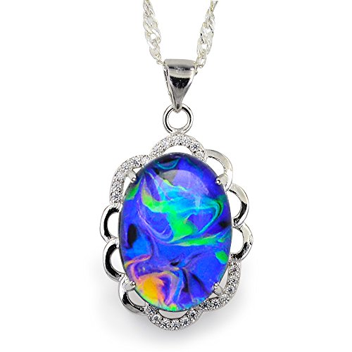 FUN JEWELS Swirl Color Change Oval Crystal Stone Brass Flower Pendant Mood Necklace 18" Silver Chain For Women