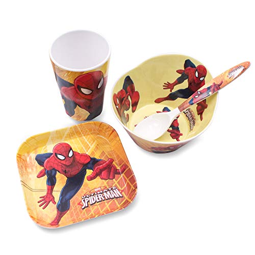 4 Pcs Set Cartoon Durable Tableware Meal Dishes Mealtime Food Feeding Eating Set includes Dinner Serving Bowl Plate Cup with a Matching Spoon and Fork