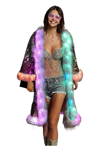 Sequin Coat for Women Smart LED Light up 15 color Flash Sparkly Jacket Rave Costume Music Festival Outwear M