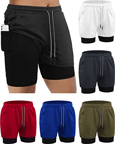 Sureio 6 Pcs Men's 2 in 1 Workout Running Shorts 5" Athletic Gym Shorts with Liner Quick Dry Shorts with Pockets Towel Loop(Large,Bright Colors)