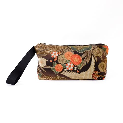 SUMI Japanese Style Handbag, Versatile Women's Wristlet Bag, 9.5 x 6.7 in. Zipper, Traditional Japanese Print, Green Garden