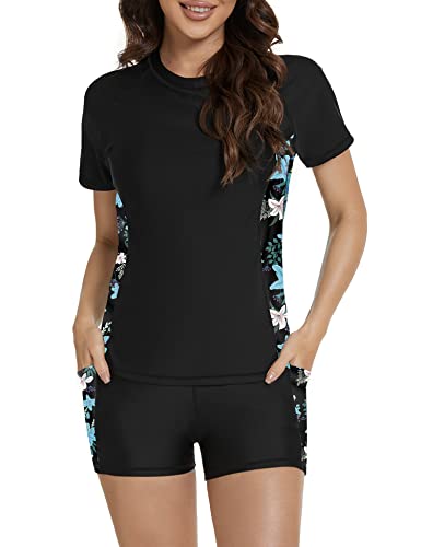 Tournesol Women's Rash Guard 2 Piece Short Sleeve Swim Shirt with Shorts Swimsuit with Bra Bathing Suit Plus Size with Pocket