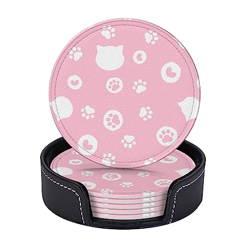 Famame 6 Pcs Kawaii Cat Head Paw Heart Leather Coasters for Drinks with Holder Coaster Sets Drink Table Cup Coasters for Living Room Kitchen Coffee Decor