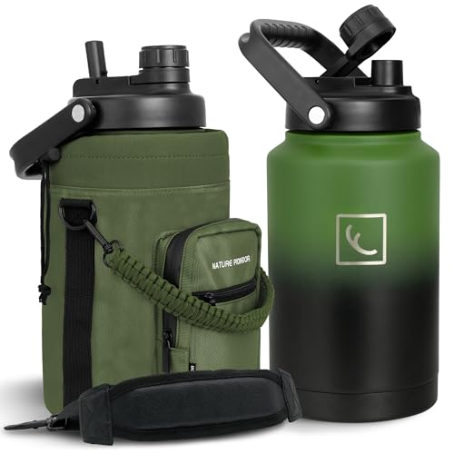 NATURE PIONEOR One Gallon Water Bottle Insulated - Large Double Vacuum Stainless Steel 128 oz Water Bottle with Holder/Carrier, 1 Gallon Water Jug 2 in 1 LID, Flip Straw and Spout, Wide Mouth
