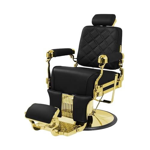 MYS Vintage Barber Chair Heavy Duty Hydraulic Recline Salon Chair, 550 lbs Capacity, 160° Adjustable Backrest, Scratch-Resistant Leather, Gold Aluminum Frame for Barber Shop & Beauty Salon