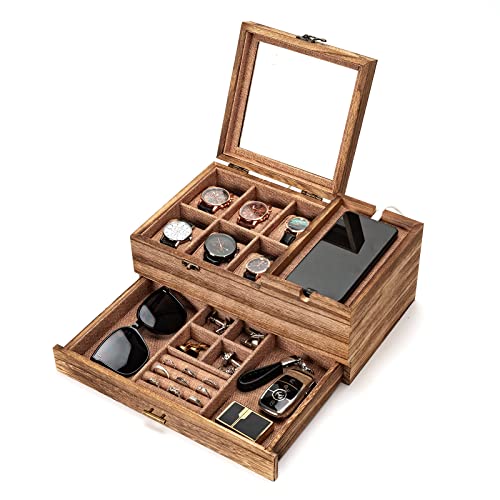 Pinzoveco Watch Box Organizer for Men, 6 Slot Watch Case for Men Display & Storage Watch, Solid Wood Jewelry Box for Men, Gift for Boyfriend Fathers Day Birthday Gifts (Carbonized Brown)