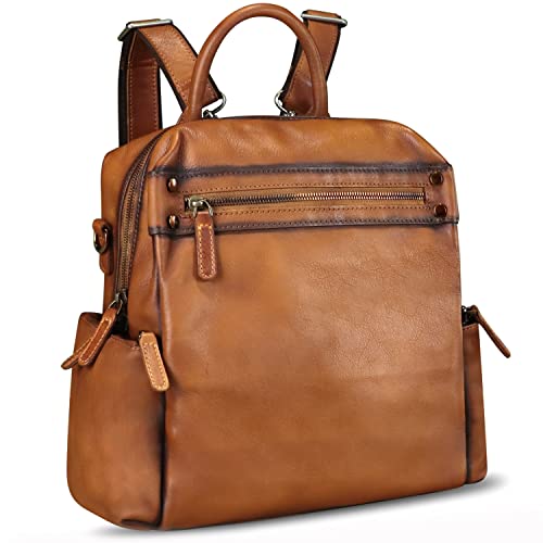 LRTO Genuine Leather Backpack Purse for Women Vintage Casual Daypack Knapsack Handmade Rucksack Convertible Shoulder Bag (Brown) Medium