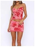 SOLY HUX Women's Summer Mesh Mini Skirt Sets 2 Piece Sexy Crop Camisole Tops Skirts Y2K Suit Going Out Outfits Pink Printed Large