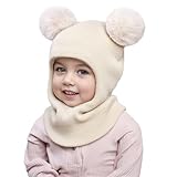 Baby Winter Hats Scarf Set One-Piece Hats with Two Pompoms, Toddler Beanie Hats Girl Boy with Neck Warmer, Beanie for Kids Knit Warm for Cold Weather Beige