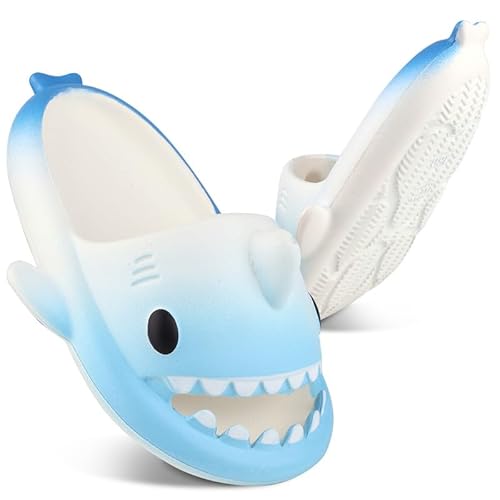EDOSIR Kids Shark Cloud Slides丨Boys Girls Pillow Shower Slip on Sandals丨Toddler Beach Pool Slippers丨Youth Fish Flip Flops丨Quick Dry Non-Slip Blue White 5-6 Big Kid