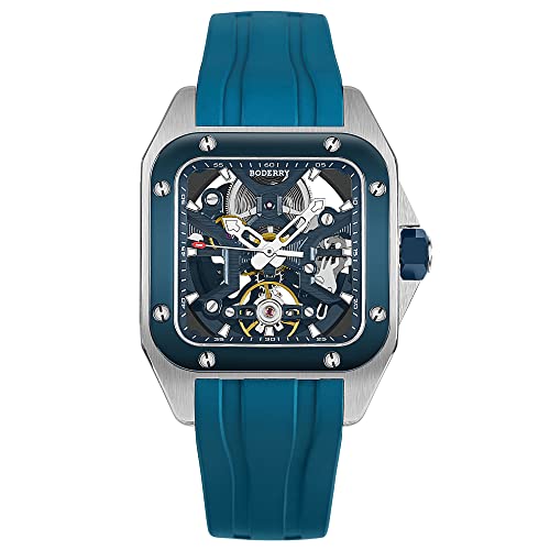 BODERRY Square Automatic Titanium Watch for Men 72H Power-Reserve Side Transparent Case 10ATM Waterproof Swiss Super-Luminous Sports Wrist Watches-Storm