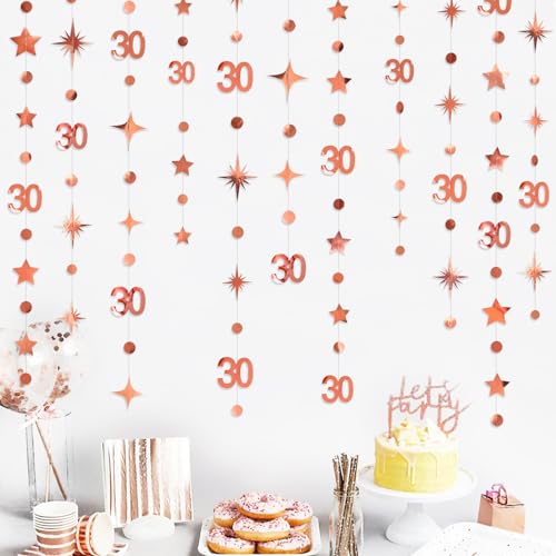 Rose Gold 30th Birthday Decorations Number 30 Circle Dot Twinkle Star Garland Metallic Hanging Streamer Bunting Banner Backdrop for Her Dirty 30 Year Old Birthday Thirty Anniversary Party Supplies