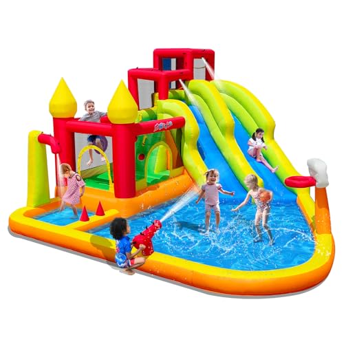 MIRUNAIR Inflatable Bounce House with Slides, Inflatable Water Slide for Kids Backyard, Bounce Water Prak with Air Blower, Splash Pool, Water Cannon, Climbing Wall, Outdoor Backyard Water Park
