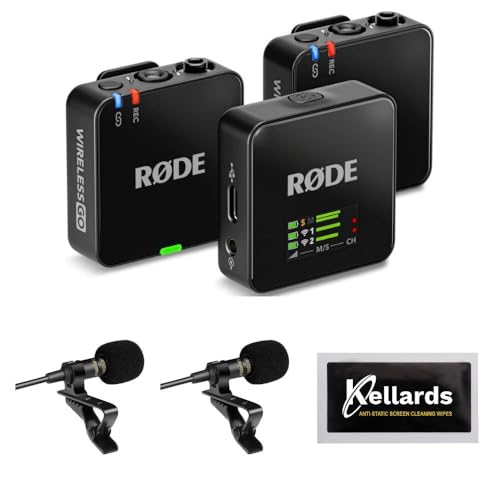 Rode Wireless GO (Gen 3) 2-Person Compact Digital Wireless Microphone Recorder Black Bundle with Grade Lavalier Lapel Microphone (2 Pack), Kellards Cleaning Cloth
