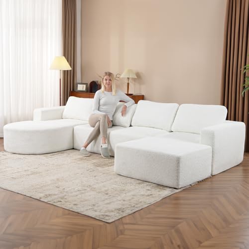 Fuzmo Sectional Couches for Living Room, U Shaped Couch 4 Seat Sofa with Chaise, Ottoman, Convertible Furniture for Apartment, Lounge, Office, White