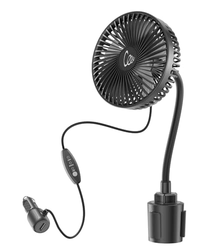 ASKPULION 12V Car fan, 3-Speed Portable Vehicle Cooling Fan for Front Seat, Cigarette Lighter Powered with Car Charger, Mounted in Cup Holder, 360° Rotation, Car Necessities for Dog/SUV/RV/Truck/Van