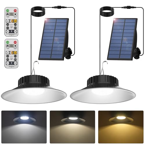 T-SUN Solar Shed Light 2 Pack Solar Pendant Lights Outdoor Indoor Garden Light with Remote 3000K/4000K/6000K, IP65 Waterproof for Barn Shed Shop Patio Garage Courtyard Balcony