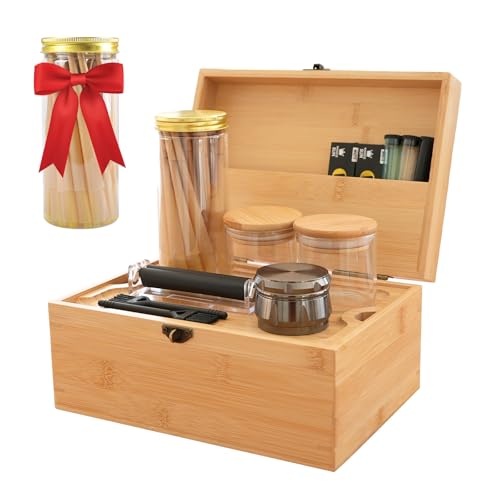 Coozyupper Large Bamboo Storage Box with Removable Tray Kit - Decorative Box Set, Glass Jars, and Accessories Wooden Storage Kit and Accessories Tool.Birthday Gifts.