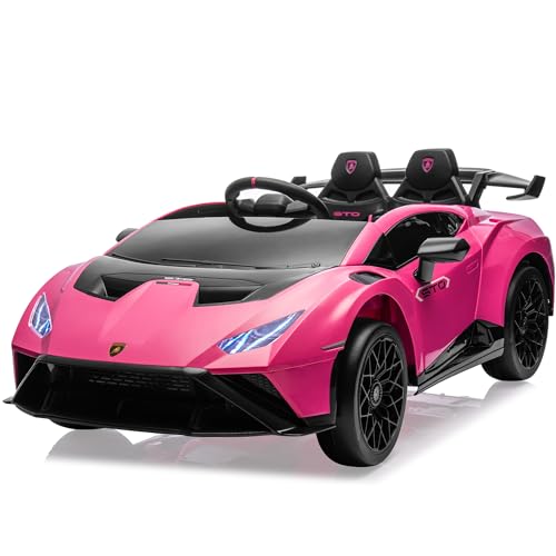 Track Seven 24V Kids Electric Ride-On Drift Car, Licensed Lamborghini Huracan STO, 360° Spin, Drift Feature, Two-Point Safety Belt, LED, Music, USB, Bluetooth (Pink)