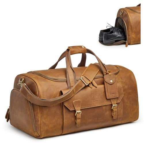 S-ZONE Genuine Leather Travel Duffle Bags for Men Women Carry On Garment Weekender Bags(Light Brown)