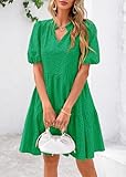 KIRUNDO Eyelet Summer Dresses for Women Mini Casual Hollow Out Short Sleeve Lace Tiered V Neck Shift Dress with Pockets(Green, Small)