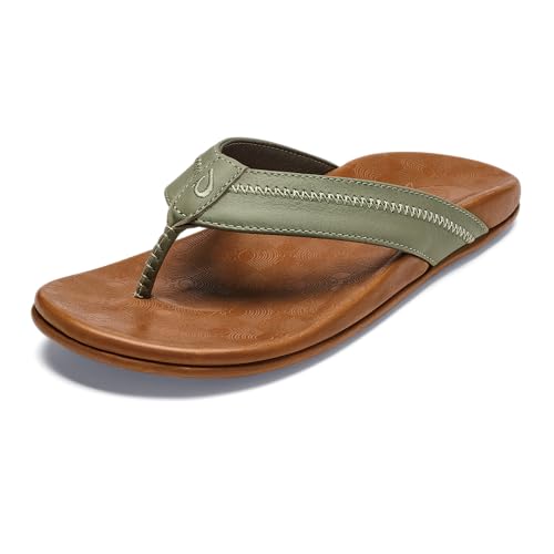 OLUKAI Hiapo Men's Beach Sandals, Full-Grain Leather Flip-Flop Slides, Compression Molded Footbed & Comfort Fit, Enhanced Grip Soles, Odyssey Grey/Sahara, 12