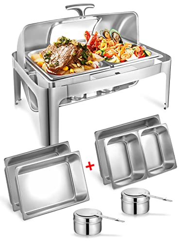 13QT Roll Top Chafing Dishes for Buffet: Catering Food Warmer for Parties, Birthday, Wedding, Christmas, 1 Full Size & 2 Half-Size Chafing Server Dish, 1 Water Pan-Glass Window