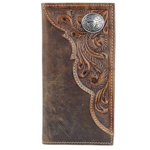 American Bison Tooled Side Rodeo Wallet with Conchos – Oil Pull Up – Durable, Stylish & RFID Protected (Long Horn, Brown)