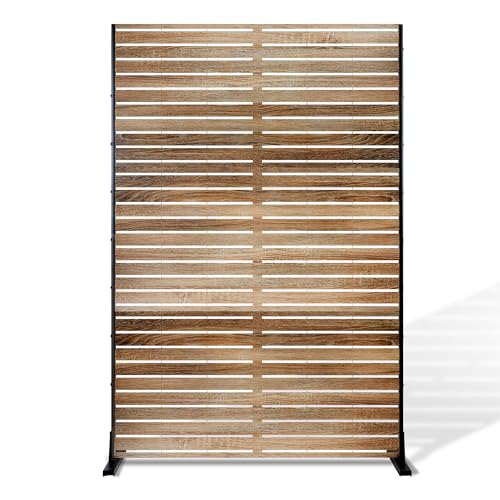 FENCY Metal Privacy Screen 72" H×47" W Natural Wood Color Outdoor Privacy Screen, Freestanding Decorative Privacy Fence Panels for Deck Balcony Patio