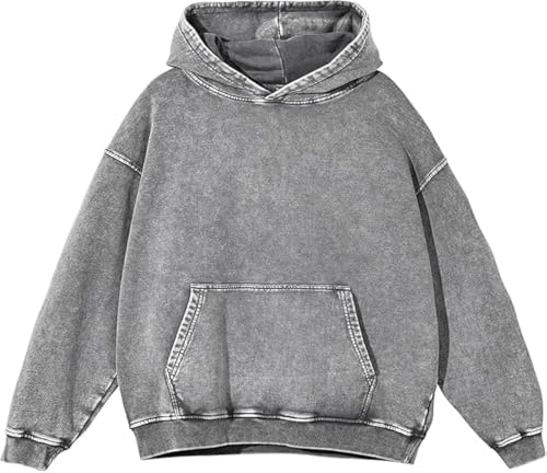 KEEPSHOWING Mens Oversized Hoodies Vintage Hoodie Couples Pullover Acid Wash Hoodies for Men Streetwear Sweatshirts(Grey(hooded) L)