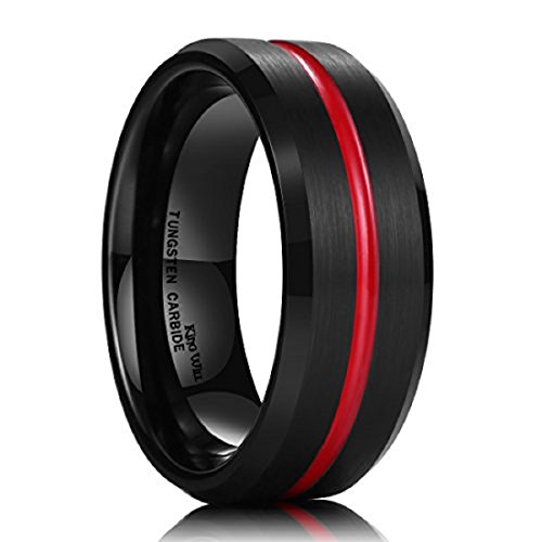King Will 8mm Black Tungsten Rings for Men Two Tone Mens Wedding Band Cool Promise Ring Engagement Red Centre Grooved Thin Lines Matte Finished Beveled Edge Comfort Size 7