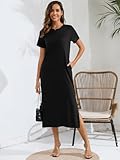 Naggoo Women Short Sleeve Loose Plain Maxi Pockets Dresses Casual Fit Tshirt Long Dresses Black