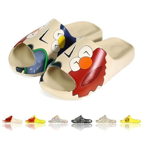 Men Women Cloud Cushion Slides EVA Pillow Slippers Cute Cartoon Print Non-Slip Shower Sandals Open Toe for Bathroom House Spa Gym Home Soft Comfy Shoes Beige