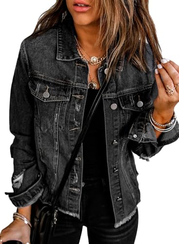 EVALESS Ladies Ripped Distressed Boyfriend Trucker Jacket Coat 2024 Trendy Fall Winter Washed Solid Color Long Sleeve Denim Jacket Black Medium