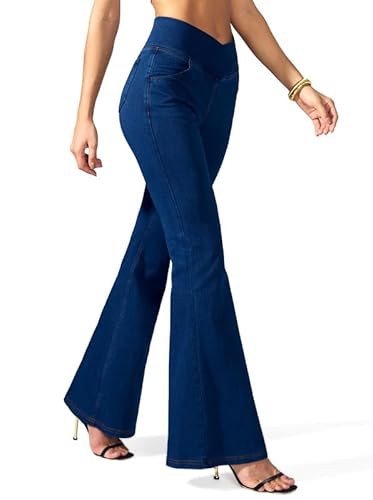 Rammus Flare Jeans for Women Crossover High Waisted Bell Bottom Jeans Trendy Yoga Pants Stretchy Flare Leggings with Pockets Dark Blue Denim