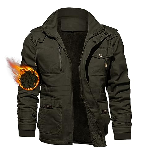 TACVASEN Men's Winter Jacket Cotton Military Fleece Lined Thick Work Coats Warm Cargo Jackets with Hooded Green L
