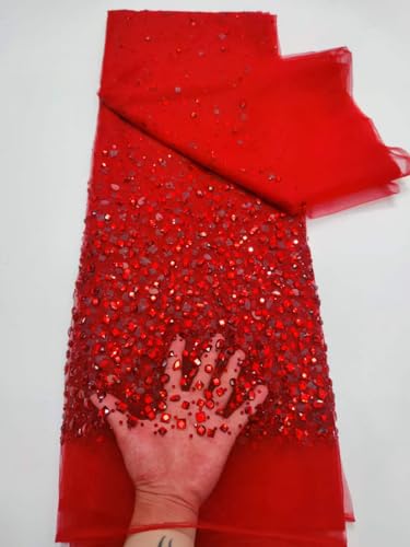 African Beads French Net Sequins Lace Embroider Nigerian Fabric 5 Yards for Sewing Woman Party Dress (Red,5 Yards)