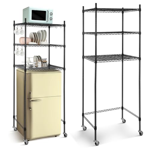Tioncy 3 Tier Mini Fridge Shelf Microwave Stand Adjustable Fridge Storage Rack with Lockable Wheels and 8 Hook Multilayer Metal Shelving Organizer for Dorm Apartment Kitchen Office Bathroom(Black)