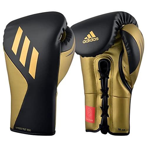 Adidas Tilt 350 Pro with Lace Closure - with New Tilt Technology - for Men, Women, Unisex - Sustainable Vegan Leather Boxing. Kickboxing, MMA Training Gloves (Black/Gold Met, 16oz)