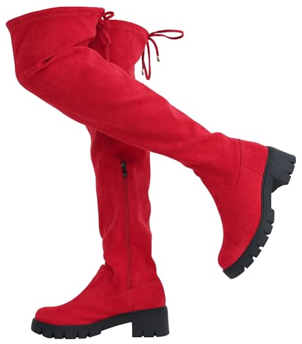 Jeossy Women's 990 Over The Knee High Boots Red Platform Thigh High Boots Suede Long Boots for Women Size 11(DJY990 red 11)