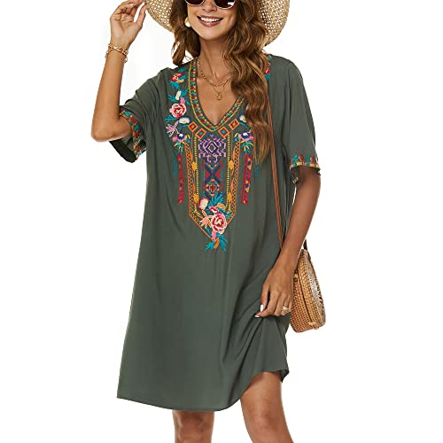 Grosy Women's Embroidered Mexican Peasant Dresses, Plus Size Fiesta Boho Dress for Women, Traditional Floral Bohemian Tunic Green