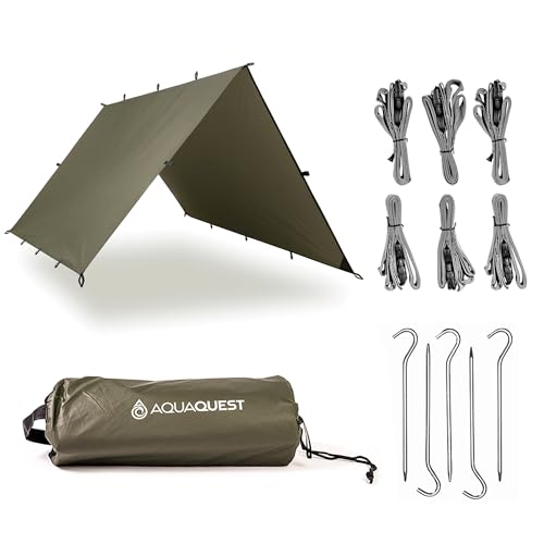 AquaQuest Defender Camping Tarp - Heavy Duty Tent Shelter or Rain Fly - Waterproof Camping Essentials for Hiking, Bushcraft & Hammock, 10 x 10 ft, Olive Drab Kit